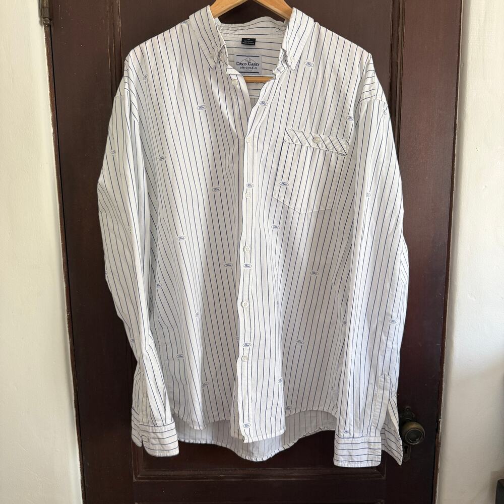 David Carey Originals White Ford Blue Striped Button Down Long Sleeve Shirt XL